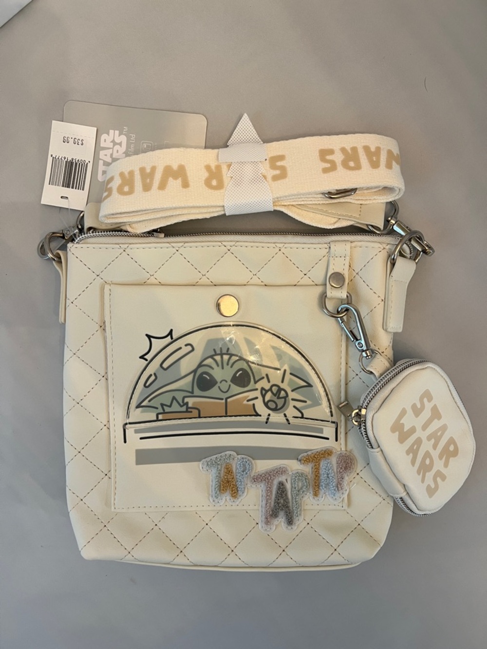 Disney Star Wars Cream Quilted Crossbody with Grogu Graphic. NWT
